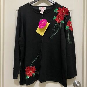 NEW Quacker Factory Christmas Cardigan Sweater Poinsettia‎ Sequin Beaded 1X